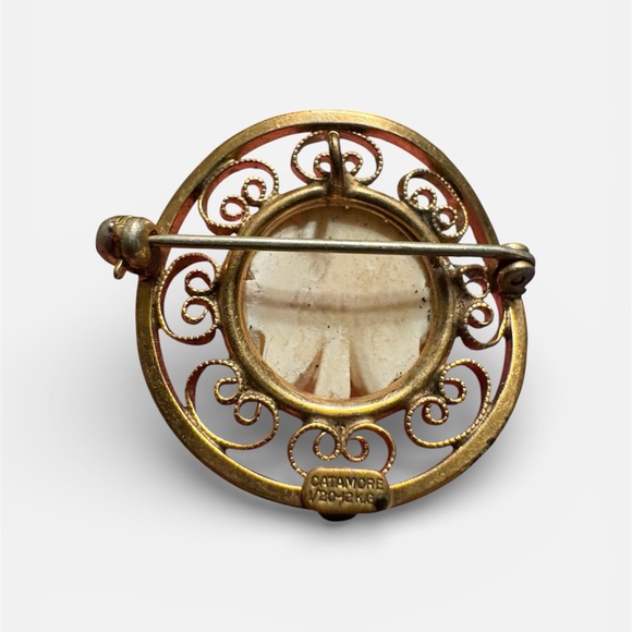 Vintage Catamore Carved Rose Brooch 12K Gold Filled Filigree Circle - Picture 3 of 6